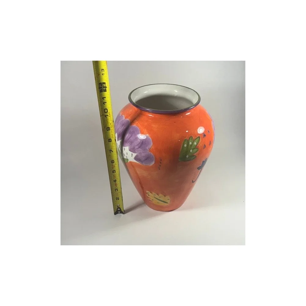 Susan Sargent Hand Painted Ceramic Floral Vase Orange Purple Studio Pottery 10in
